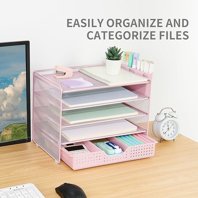 Desk Organizer and Accessories, 5-Tier Paper Letter Tray Organizer with Drawer & 2 Pen Holders for Desktop File Organization, Office Desk Accessories for Supplies Storage (Pink)