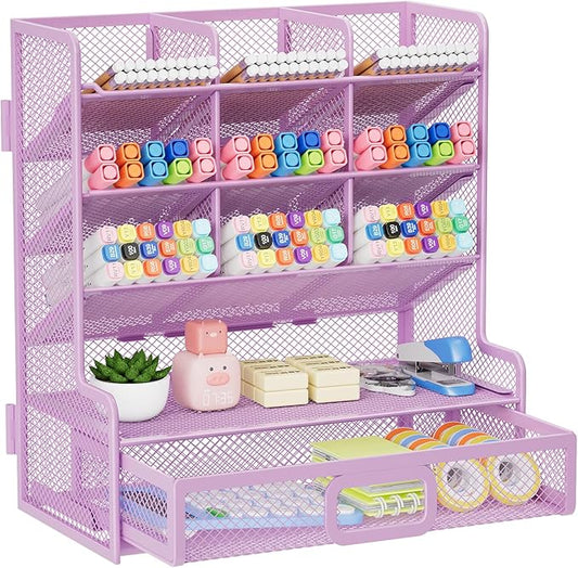 Marbrasse Larger Mesh Desk Organizer with Drawer, Multi-Functional Pen Pencil Holder, Easy Assembly, Desk Organizers and Accessories for Office Art Supplies (Purple)