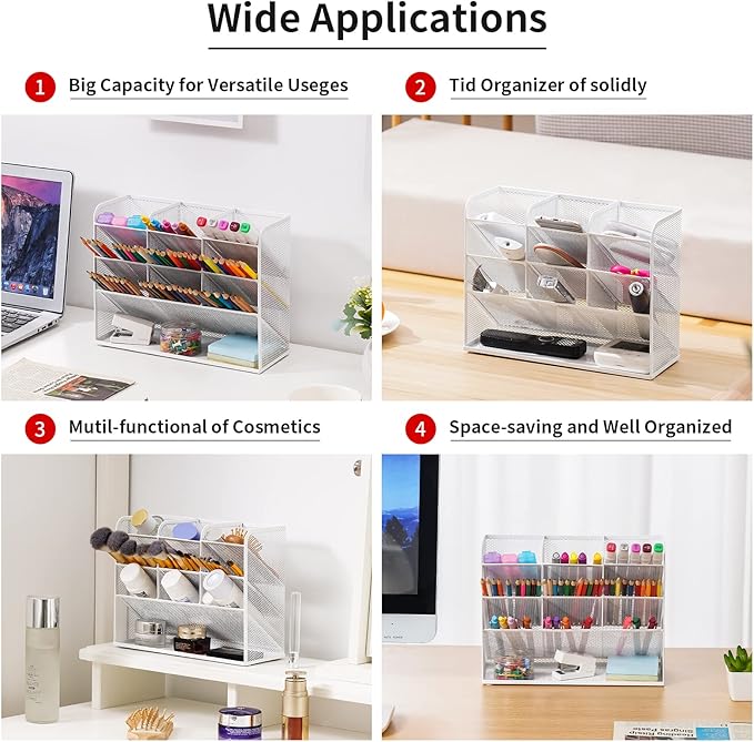 Marbrasse Mesh Desk Organizer, Multi-Functional Pen Holder, Pen Organizer for desk, Desktop Stationary Organizer, Storage Rack for School Home Office Art Supplies (White - Mesh Pen Holder)