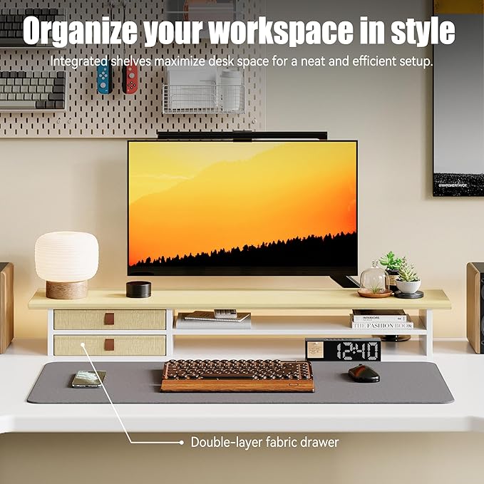 Dual‑Tier Monitor Stand Riser with Drawers, Desktop Organizer Shelf Storage for Computer Screen 2 Monitors, Supports for PC Computer Monitor, Printer, Heavy TV Riser Beige and White