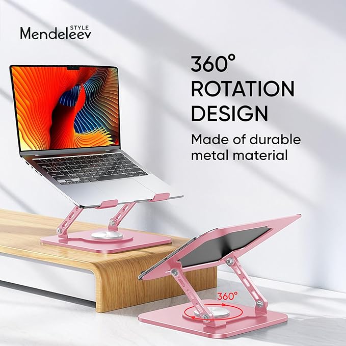 Pink Laptop Stand for Desk with 360 Rotating Base Compatible with MacBook Pro/Air Notebook up to 16 Inches Computer Stand for Laptop Ergonimic Foldable Riser for Desk