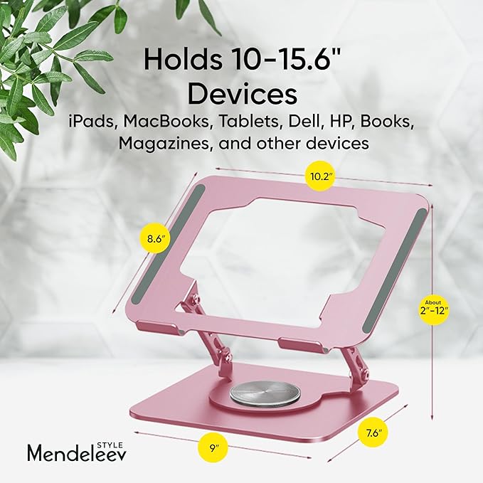 Pink Laptop Stand for Desk with 360 Rotating Base Compatible with MacBook Pro/Air Notebook up to 16 Inches Computer Stand for Laptop Ergonimic Foldable Riser for Desk
