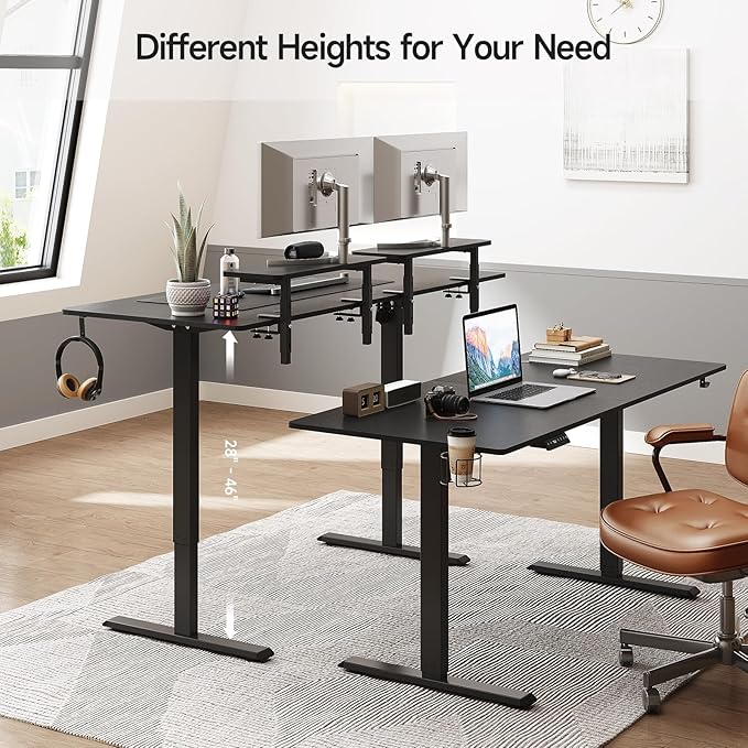ONBRILL Standing Desk with 2 Adjustable Monitor Shelves, 63 x 24 Inches Electric Stand Up Desk with Memory Controller and Adjustable Height from 28-46 inches for Computer Workstations, All Black