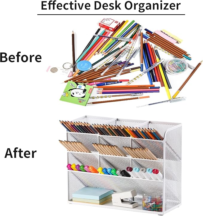 Marbrasse Mesh Desk Organizer, Multi-Functional Pen Holder, Pen Organizer for desk, Desktop Stationary Organizer, Storage Rack for School Home Office Art Supplies (White - Mesh Pen Holder)