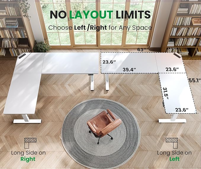 SIAGO L-Shaped Standing Desk - 63 x 55 Inch Adjustable Corner Standing Desk with Charging Station - L Shape Sit Stand Table with Memory Controller, Splice Board for Home Office