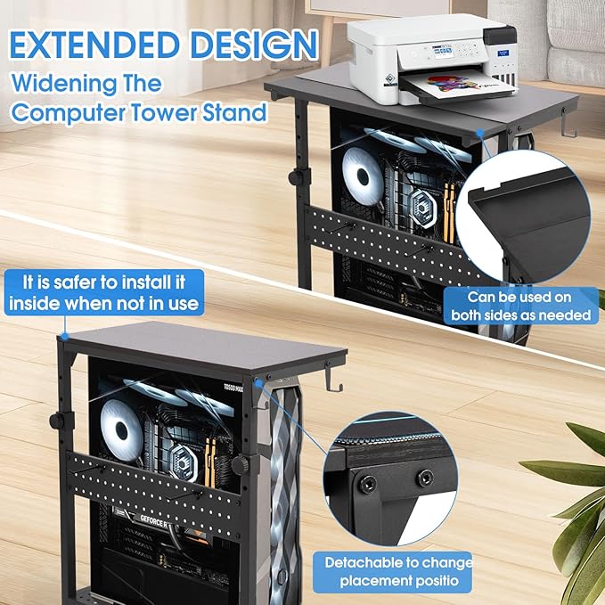 KEBE Wider Tower Stand, Height Adjustable Computer Tower for Gaming Home Office, 2-Tier PC Stand Printer Rack ATX-Case CPU Holder Cart with Wheels & Mouse Pad, Black