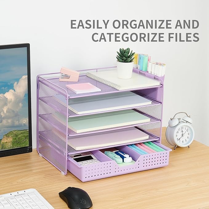 Desk Organizer and Accessories, 5-Tier Paper Letter Tray Organizer with Drawer & 2 Pen Holders for Desktop File Organization, Office Desk Accessories for Supplies Storage (Purple)