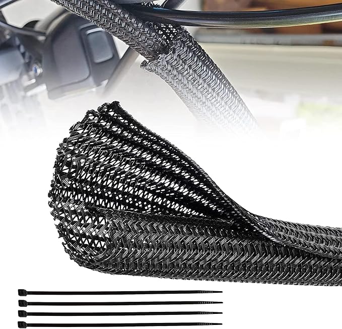 RED WOLF 10 Feet - 1 Inch Braided Wire Cable Sleeve Split Wiring Loom Tube Flexible Self-Wrap for Automotive Computer Cable Cord Management Cover Protector, Anti-Scratch High-Temperature Black Loom