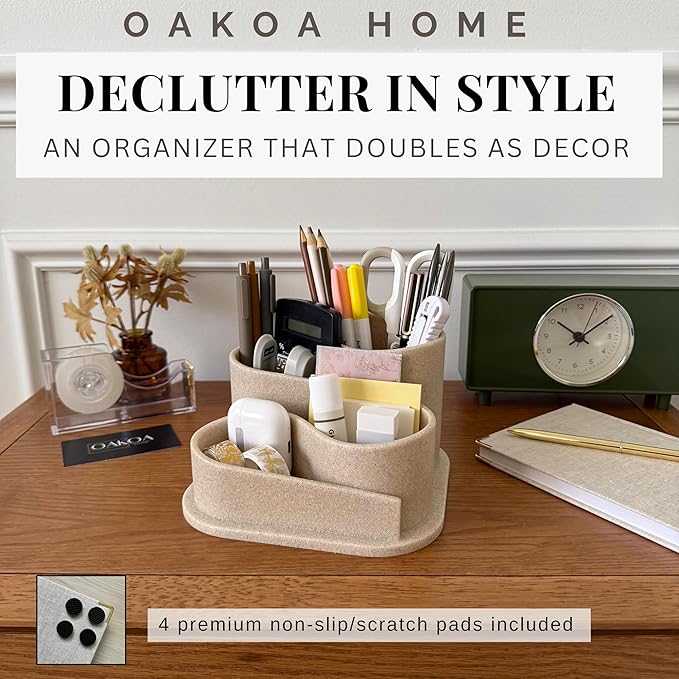 OAKOA Aesthetic Desk Organizer Pen Holder - Aesthetic Desk Accessories - Neutral Beige Boho Office Desk Accessories - Home Office Essentials for Women - Cute Pencil Holder