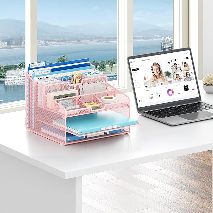 Lavatino Desk Paper File Organizer - Metal Mesh with 2 Letter Trays, 7 Flexible Dividers, 2 Vertical File Folder Holders for Office/Home/Classroom Supplies, Desk Organizers and Accessories, Pink