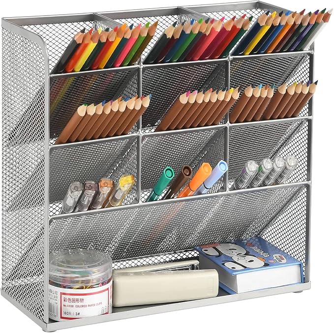 Marbrasse Mesh Desk Organizer, Multi-Functional Pen Holder, Desktop Stationary Organizer, Storage Rack for School, Home, Office, Art Supplies (Mesh Pen Holder-Silver)