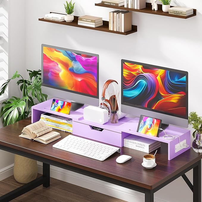 Elephance Dual Monitor Stand with USB Ports,Wood Computer Monitor Stand with Drawer,Adjustable Monitor Stand Riser,Desk Organizer for PC,Computer,Laptop,Purple Pink