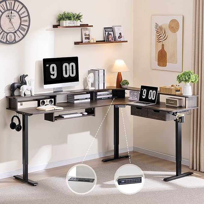 RedLemon 75X60 Inches L Shaped Electric Standing Desk,Height Adjustable Corner Gaming Desk with Drawers, Keyboard Tray, Power Outlets & LED Lights, Computer Desk with Monitor Shelf, Dark Rustic Oak