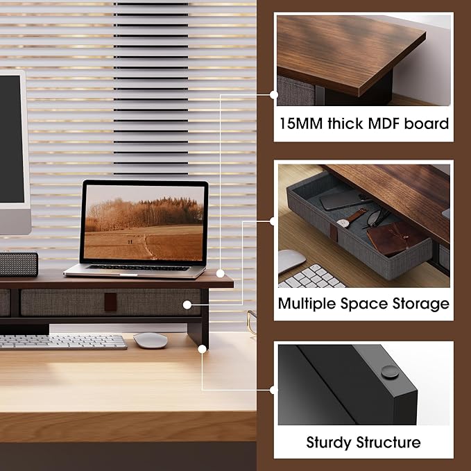 Fenge Monitor Stand with Drawer, 2 Tiers Dual Monitor Riser for Desk, 35 Inch Computer Stand for 2 Monitors, Desk Shelf for Home, Office, Laptop, PC, TV, Printer