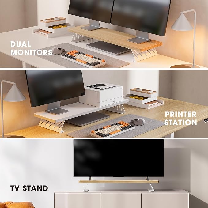 Fenge Monitor Stand Riser, Desk Top Shelf for 2 Monitors, Computer Stands for Desk, Wood & Steel Desktop Riser for Laptop, PC, Printer