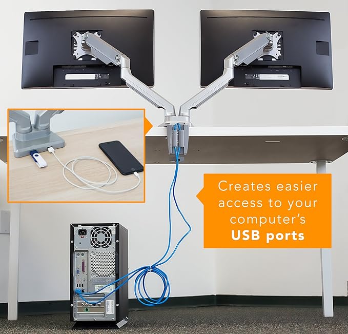 Mount-It! Dual Monitor Arm Mount Desk Stand | 2 x 3.0 USB Ports | Articulating Mechanical Spring Height Adjustable | Fits Two 24 27 29 30 32 Inch VESA 75 100 Compatible Screens | C-Clamp and Grommet