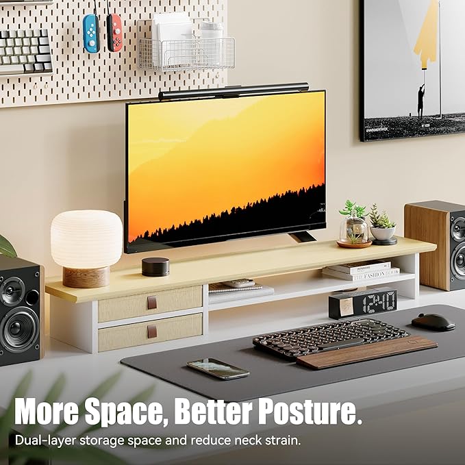 Dual‑Tier Monitor Stand Riser with Drawers, Desktop Organizer Shelf Storage for Computer Screen 2 Monitors, Supports for PC Computer Monitor, Printer, Heavy TV Riser Beige and White