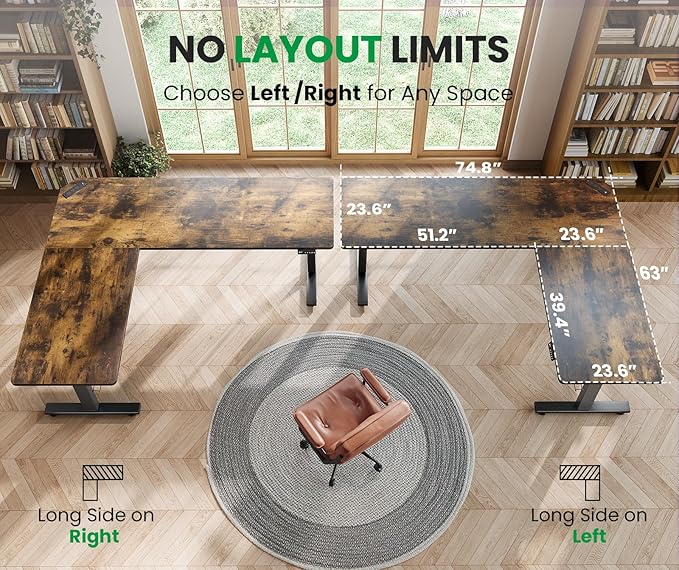 SIAGO L-Shaped Standing Desk - 75 x 63 Inch Adjustable Corner Standing Desk with Charging Station - L Shape Sit Stand Table with Memory Controller, Splice Board for Home Office