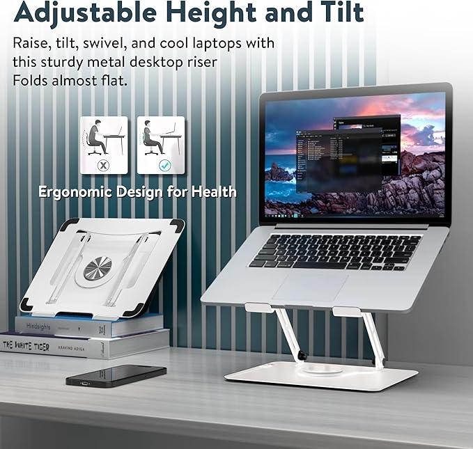 Uncaged Ergonomics Swivel Laptop Stand for Desk, Adjustable Computer iPad Stand for Desk w/ 360 Rotation, Portable Laptop Holder for Home Office Ergonomic Supplies (White)