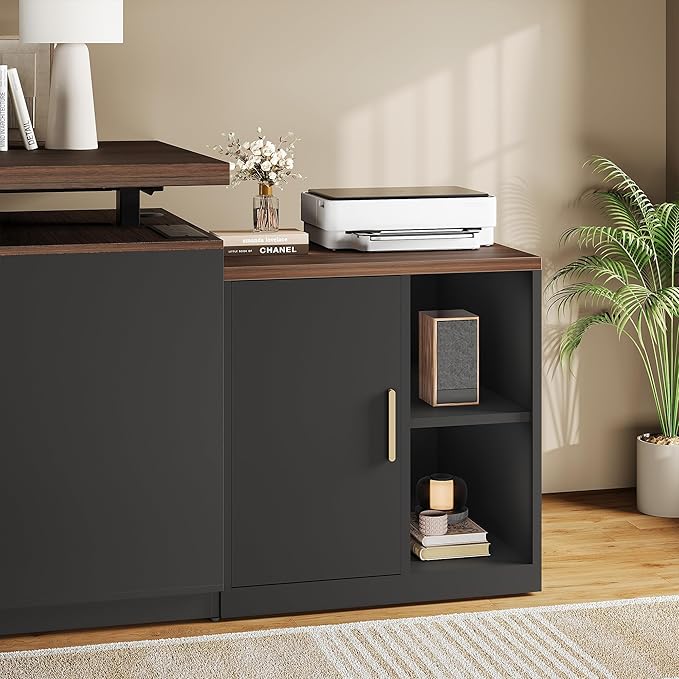 File Cabinet Under Desk Storage Cabinet with Door, Printer Stands with Open Adjustable Shelves, 23" Tall End Side Table for Office, Living Room, and Study, Black Walnut