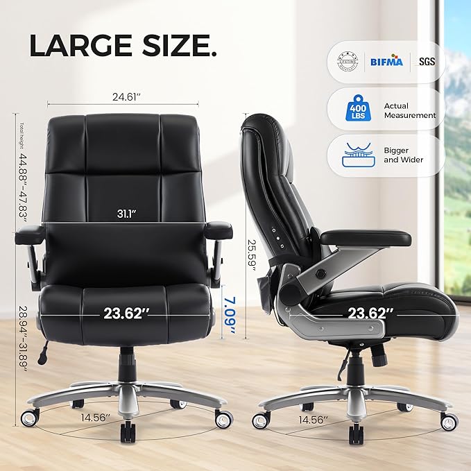 600LBS Big and Tall Massage Office Chair, Extra Wide Seat - 3D Kneading Massage & Heat Office Chair with Heavy Duty Metal Base, 3D Flip Arms, Leather Ergonomic with Thick Spring Cushion