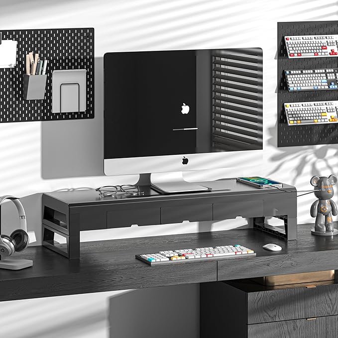 Computer monitor stand with three drawer ，22W charging , 2 USB 3.0 , and 1 USB 2.0 ，Laptop Desk Shelf & Monitor Riser 27.55 inches long desk riser Monitors/PC/Laptop/Computer Space Saver Organizer ，Heavy Duty Gift Gaming Studio Office(USB Hub Fast Char...