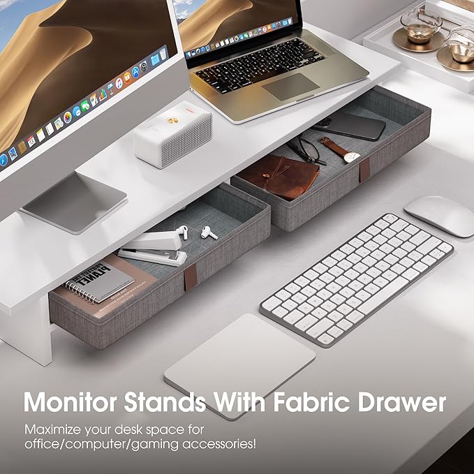 Fenge Monitor Stand with Drawer, 2 Tiers Dual Monitor Riser for Desk, 35 Inch Computer Stand for 2 Monitors, Desk Shelf for Home, Office, Laptop, PC, TV, Printer