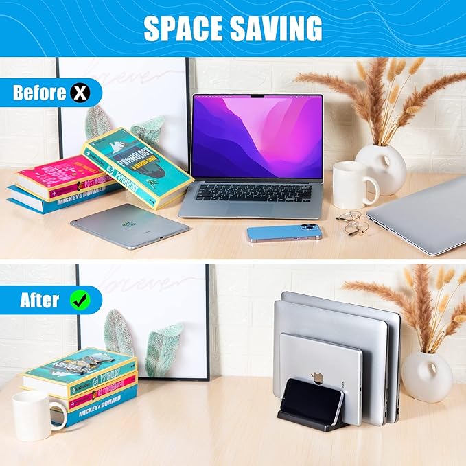 Ryvlan Vertical Laptop Stand, 3 Slot Adjustable Laptop Storage Rack and Desk Organizer, Silicone-Padded Holder for Multiple Devices Storage, Compatible Stand for Tablets and Devices up to 17 Inches