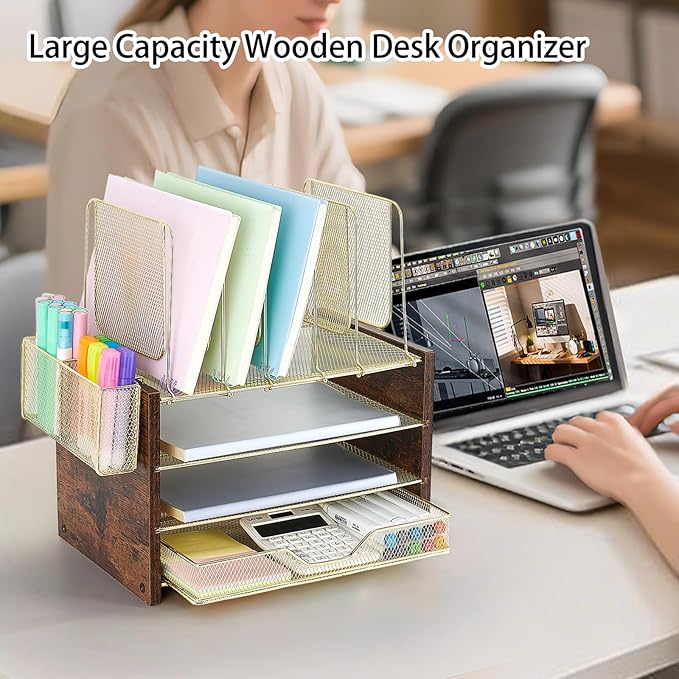 OPNICE Gold Desk Organizers and Accessories,4-Tier Desktop File Organizer with Drawer, Wood Paper Organizer with 5 Vertical File Holders and Pen Holder for Office Supplies