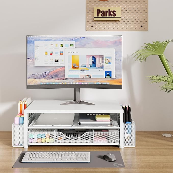 OPNICE Desk Organizers and Accessories, 2-Tier Computer Monitor Stand Riser with Drawer and 2 Pen Holders, Laptop Stand, Office Desk Accessories for Office Supplies, White
