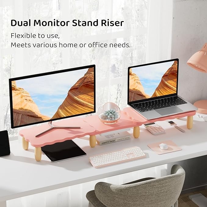Dual Monitor Riser, Cookie-Shaped Adjustable Length & Swivel Angle, Wooden Desktop Organizer for 2 Monitors,Monitor Stand with Drawer for Laptop, PC, Computer, Printer,Pink