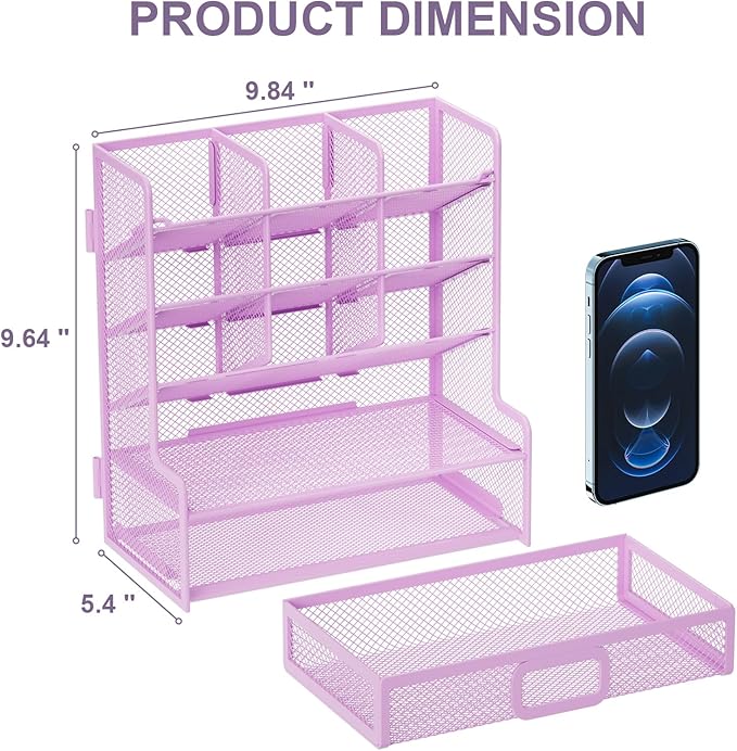Marbrasse Larger Mesh Desk Organizer with Drawer, Multi-Functional Pen Pencil Holder, Easy Assembly, Desk Organizers and Accessories for Office Art Supplies (Purple)