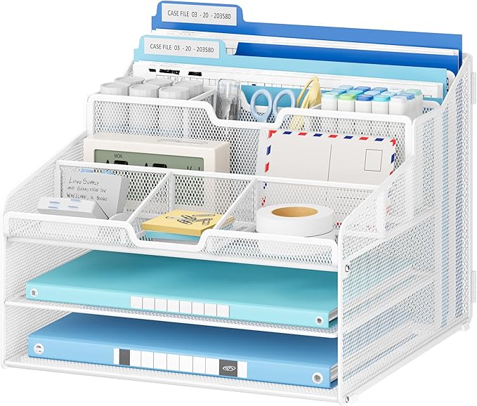 Lavatino Desk Paper File Organizer - Metal Mesh with 2 Letter Trays, 7 Flexible Dividers, 2 Vertical File Folder Holders for Office/Home/Classroom Supplies, Desk Organizers and Accessories, White
