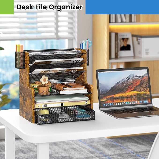 6-Tier Mesh Desk Organizer with Drawer, Wooden Office Organizer for Papers, Folders & Office Supplies - Sturdy Desktop File Holder with 2 Pen Holders - Space Saving Home Office Accessories