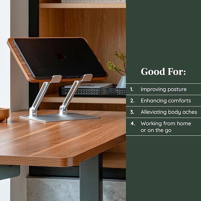 Branch Adjustable Laptop Stand - Portable Wooden Laptop Riser with Customizable Height & Angle - Foldable - Secure Silicon Grips for Home or Office - Woodgrain
