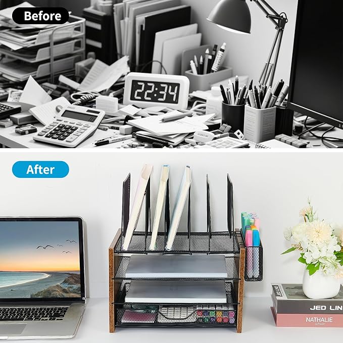 OPNICE Wood Desk Organizers and Accessories, 4-Tier Workspace Desktop Paper Organizer with Drawer, 5 Vertical File Holders and Pen Holder for Office Supplies