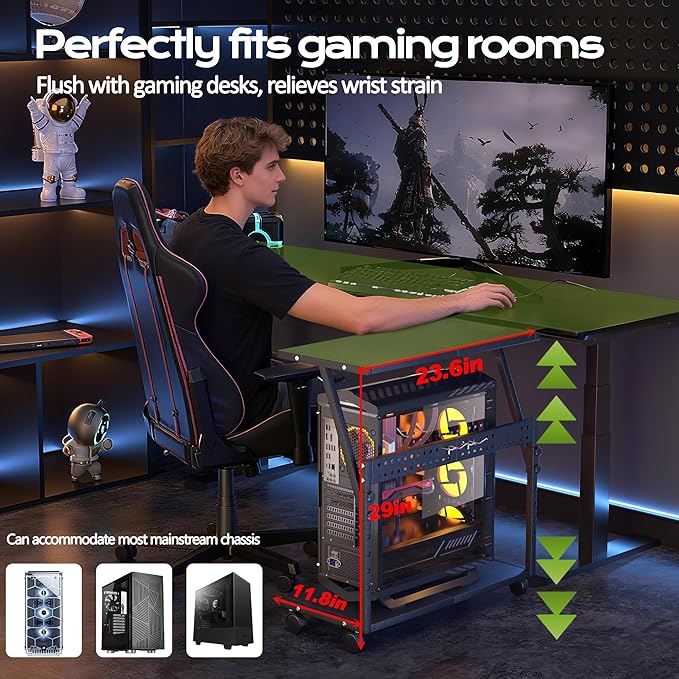 24In Large PC Stand, 5 Levels Height Adjustable Computer Tower Stand with Wheels and Hooks, CPU Holder Cart for Floor, Carpet and Under Desk, Easy Assembly（NOT Including Power Strips）