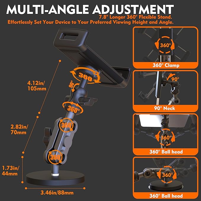 Universal Magnetic Tablet Holder 360°Adjustable 7.7" Aluminum Heavy Duty Arm 3.5" Magnetic Base for Fridge Whiteboard Gym Warehouse Kitchen Fits 4-13" Tablets, Phones