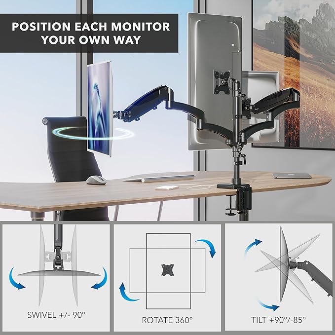 Mount-It! Triple Monitor Mount with USB and Audio Ports, 3 Monitor Desk Mount with Gas Spring Arms for Easy Height Adjustment, Full Motion Design Supports Computer Monitors Up to 32", Black