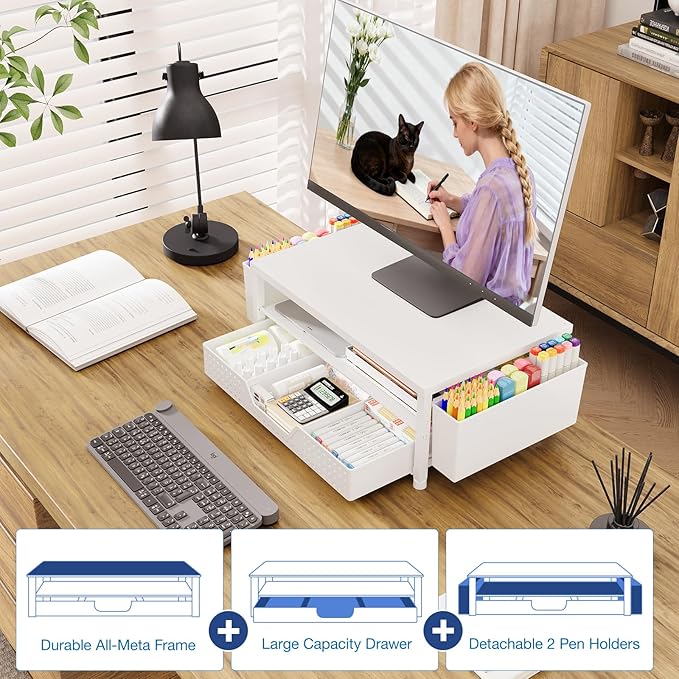 OPNICE Desk Organizers and Accessories, 2-Tier Computer Monitor Stand Riser with Drawer and 2 Pen Holders, Laptop Stand, Office Desk Accessories for Office Supplies, White