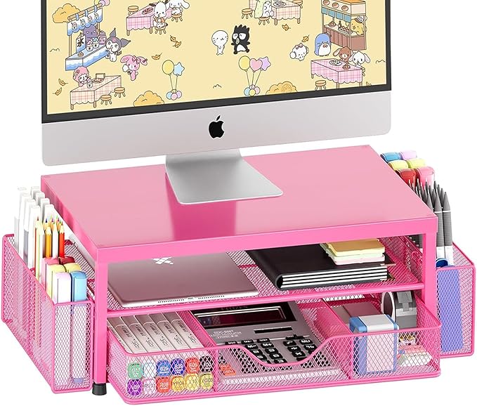 OPNICE Desk Organizer and Accessories, 2-Tier Computer Monitor Stand with Drawer and 2 Pen Holders, Laptop Stand, Office Desk Accessories for Office Supplies, Carmine Rose
