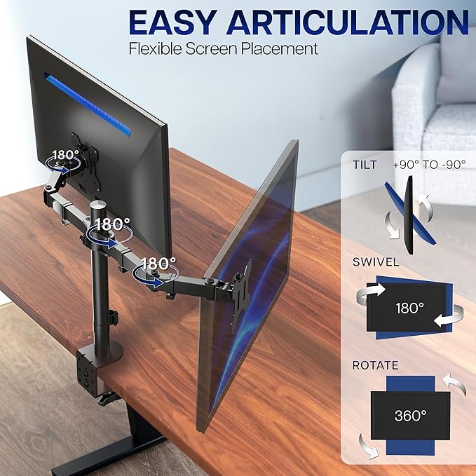 VIVO Dual Monitor Desk Mount, Heavy Duty Fully Adjustable Steel Stand, Holds 2 Computer Screens up to 24 inches and Max 22lbs Each, Black, STAND-V024