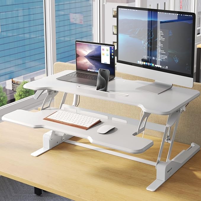 Mount-It! Standing Desk Converter White 38” Wide Height Adjustable Stand Up Desk Riser, Desk Topper with Gas Spring, Desktop Standing Desk with Keyboard Tray Fits Two Monitors