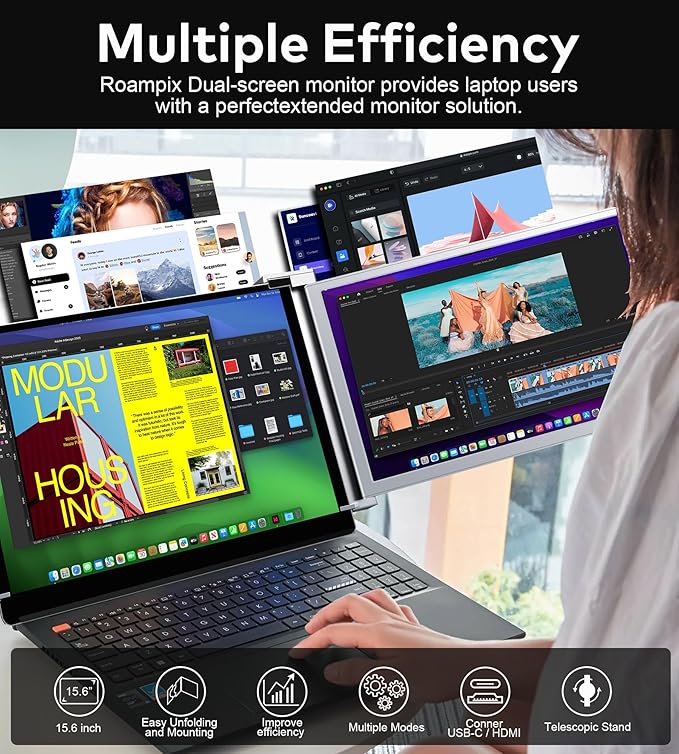 Laptop Screen Extender, 15.6" FHD 1080P IPS Portable Monitor for Laptop, Dual Monitor Extender for 13"-17.3" Laptops, Compatible with MacOS, Windows