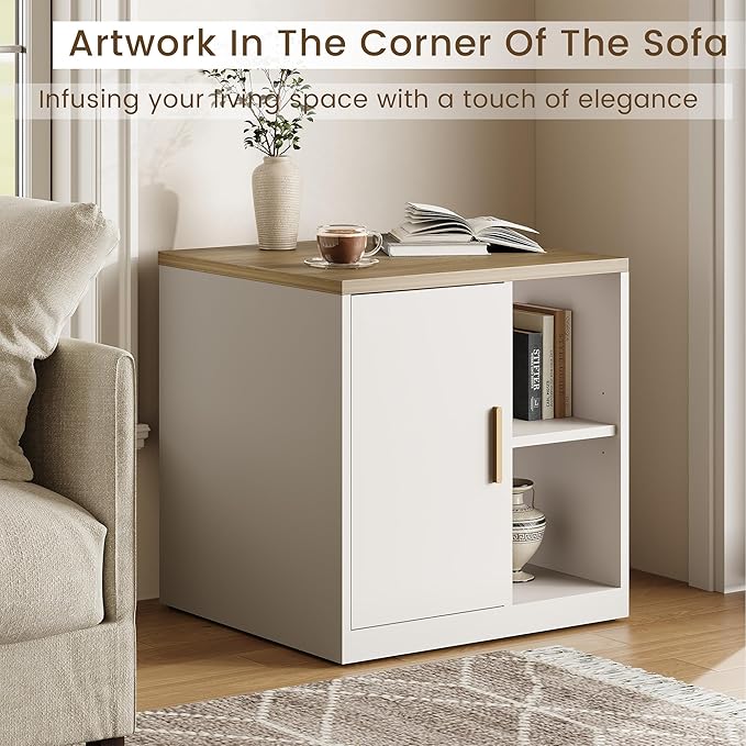 File Cabinet Under Desk Storage Cabinet with Door, Printer Stands with Open Adjustable Shelves, 23" Tall End Side Table for Office, Living Room, and Study, Light Walnut