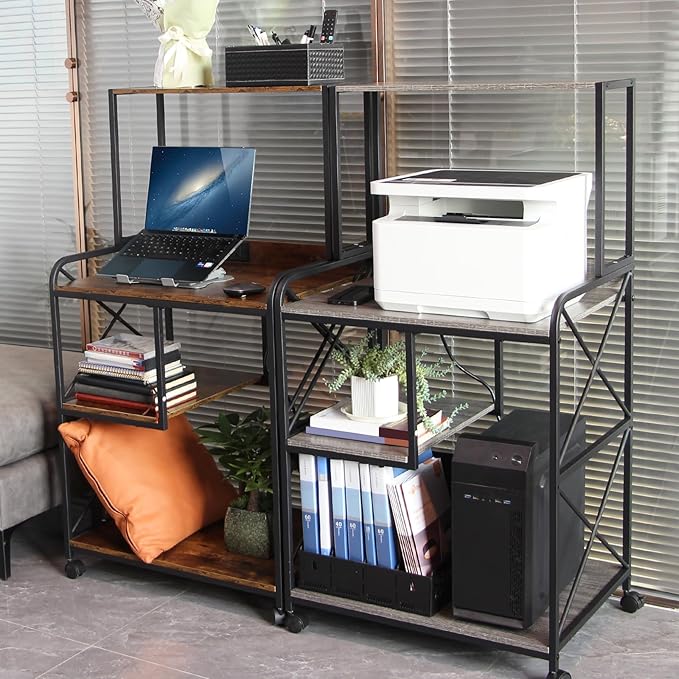 Printer Stand, Large Printer Stand with Storage, 23 x 18 Inch Printer Table for Home Office, 4 Tier Home Printer Cart with Wheels & Socket, Computer Tower Stand, Vintage Brown