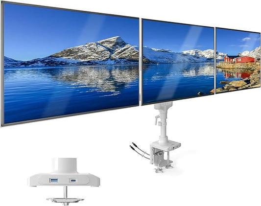 Mount-It! Triple Monitor Mount with USB-C and USB-A Ports, 3 Monitor Desk Mount with Gas Spring Arms for Easy Height Adjustment, Full Motion Design Supports Computer Monitors Up to 32", White