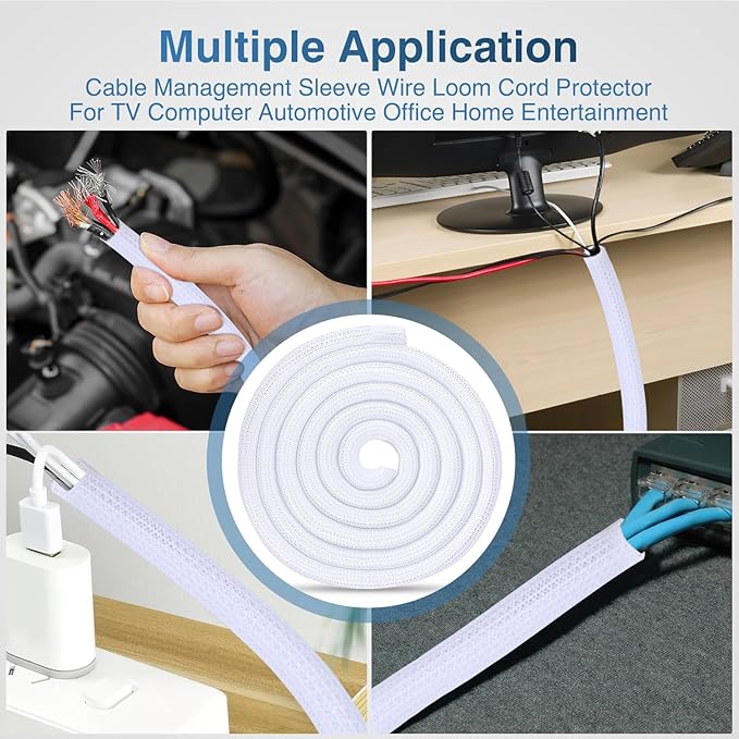 Nilight Cable Sleeve,25ft-1inch Cord Management Sleeves, Braided Sleeving, Split Self Wrapping Wire Loom for Computer Electrical Automotive Harness Protector Organizer, White