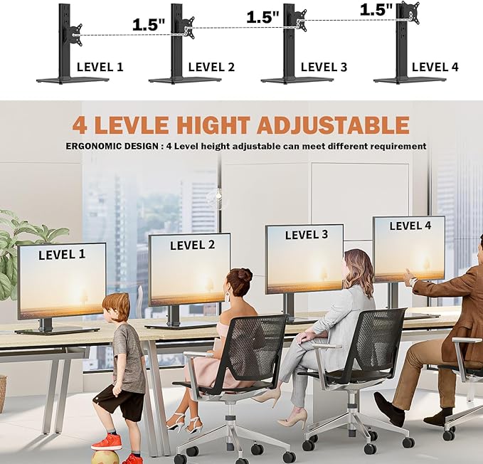 Single LCD Computer Monitor Free-Standing Desk Stand Mount Riser for 13 inch to 32 inch screen with Swivel, Height Adjustable, Rotation, Vesa Base Stand Holds One (1) Screen up to 77Lbs(HT05B-001))