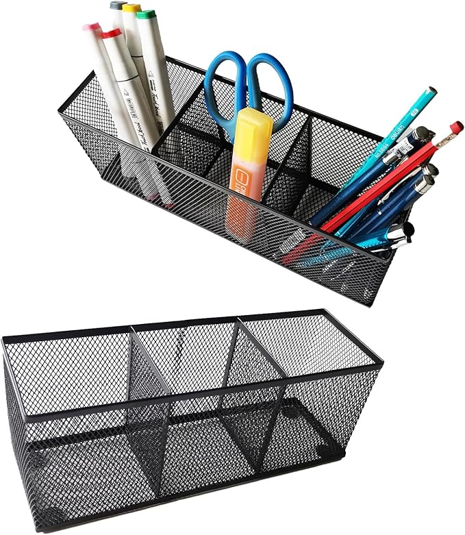 Pencil Holder, Metal Mesh Pen Holder Desk Organizer 3 Compartments for Office School Home Supplies or Accessories,Kitchen Utensil,Small 10.43 x 3.3 x3x4 inch, Black(2pc pack)